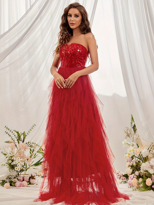 vlovelaw  Sequin Decor Tulle Overskirt Tube Dress, Elegant Strapless Notch Neck A-line Dress, Women's Clothing