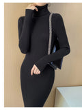 vlovelaw  Elegant Solid Turtleneck Bodycon Dress, Long Sleeve Casual Every Day Dress For Winter & Fall, Women's Clothing