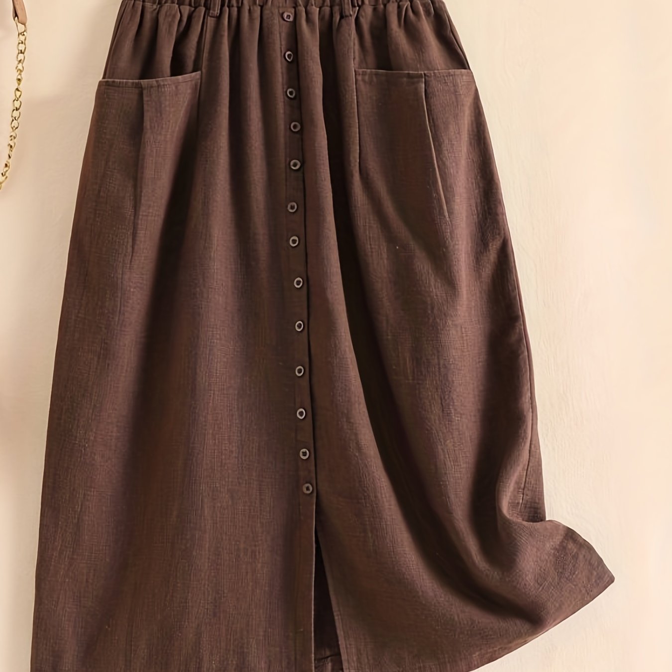 Solid Elastic Waist Button Cotton Skirt, Vintage Pocket Midi Skirt For Spring & Fall, Women's Clothing
