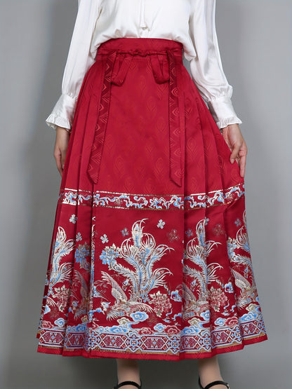 vlovelaw Floral Print Improved Hanfu, Elegant Pleated Midi Lace Up Horse Face Skirt For Festival, Women's Clothing