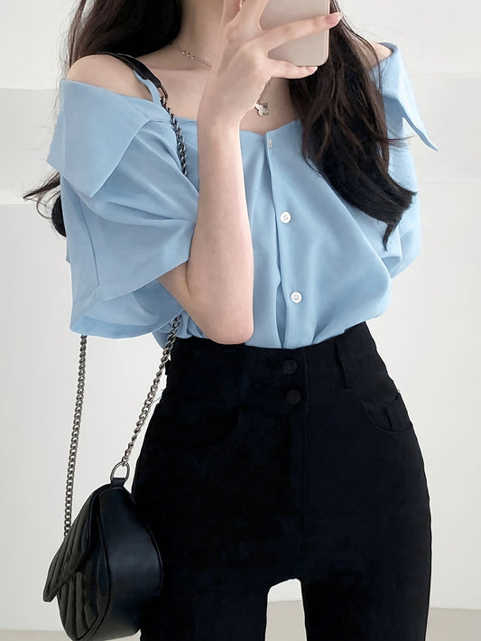 vlovelaw  Solid Cold Shoulder Blouse, Elegant Short Sleeve Top For Spring & Summer, Women's Clothing