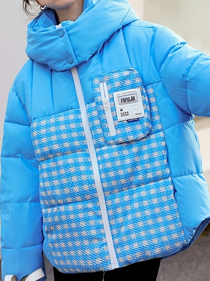 Plaid Pattern Hooded Coat, Casual Zip Up Long Sleeve Winter Warm Outerwear, Women's Clothing