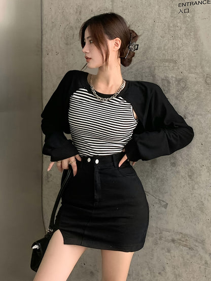 vlovelaw  Striped Faux Twinset Crop T-Shirt, Stylish Long Sleeve Top For Spring & Fall, Women's Clothing