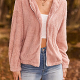 Solid Teddy Hooded Jacket, Casual Zip Up Long Sleeve Outerwear, Women's Clothing