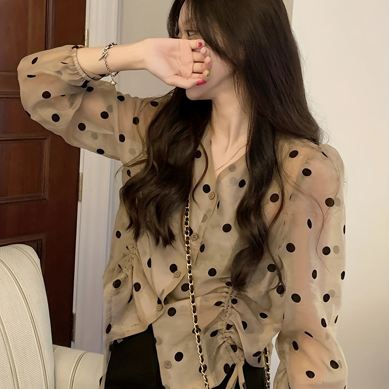 vlovelaw Polka-dot Print Button Front Blouse, Drawstring Long Sleeve Semi-sheer Top, Women's Clothing