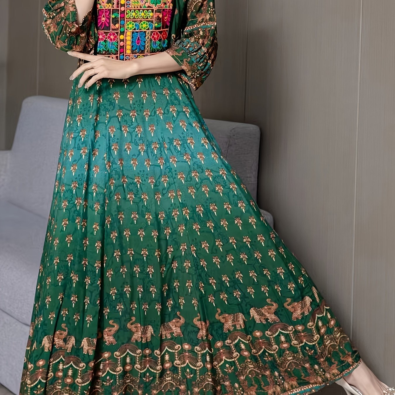 vlovelaw  Ethnic Floral Pattern Maxi Dress, Boho Square Neck 3/4 Sleeve Dress, Women's Clothing