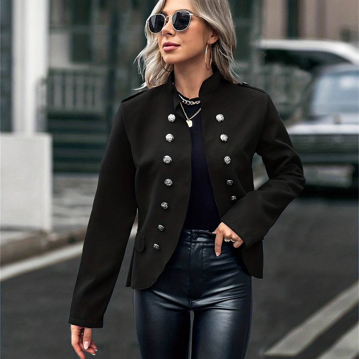Solid Button Decor Jacket, Casual Open Front Long Sleeve Outerwear, Women's Clothing