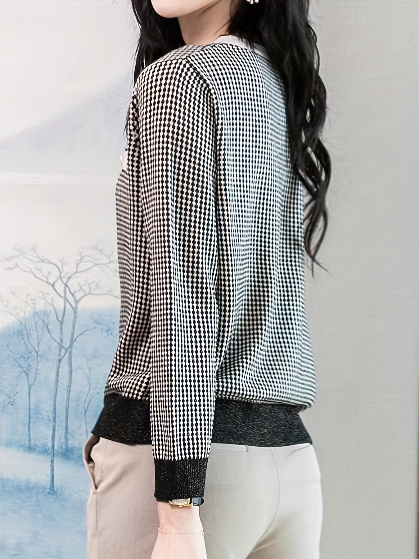 vlovelaw  Allover Pattern V Neck Sweater, Elegant Long Sleeve Sweater For Spring & Fall, Women's Clothing