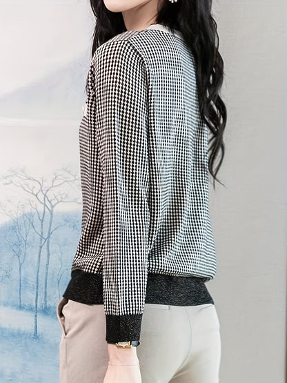 vlovelaw  Allover Pattern V Neck Sweater, Elegant Long Sleeve Sweater For Spring & Fall, Women's Clothing