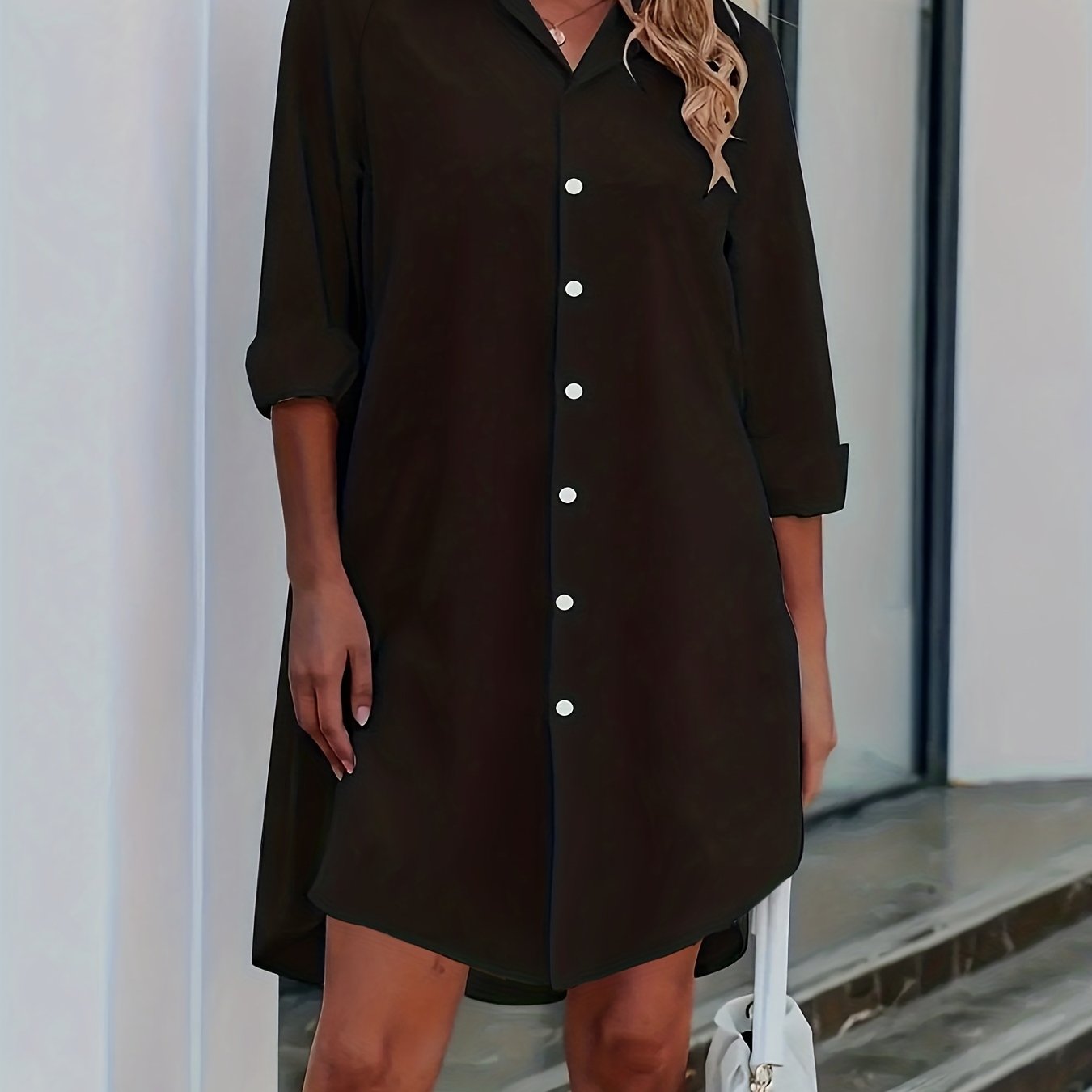 vlovelaw  Button Front Shirt Dress, Sexy 3/4 Sleeve Solid Turn Down Collar Dress, Women's Clothing
