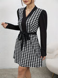 vlovelaw  Houndstooth Print Simple Dress, Elegant V Neck Long Sleeve Dress, Women's Clothing