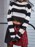 vlovelaw  Striped Crew Neck Ripped Sweater, Gothic Long Sleeve Crop Sweater For Spring & Fall, Women's Clothing