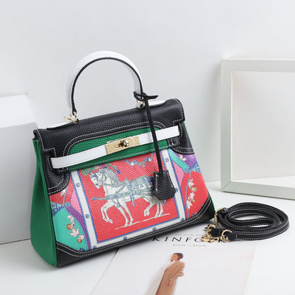 VLOVELAW 2025 New Fashion Printed Graffiti Kai Bag Cartoon Pattern Leather Women's Bag First Layer Cowhide One Shoulder Crossbody Handbag
