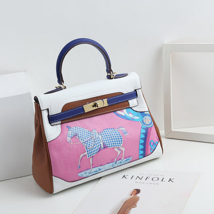 VLOVELAW 2025 New Fashion Printed Graffiti Kai Bag Cartoon Pattern Leather Women's Bag First Layer Cowhide One Shoulder Crossbody Handbag