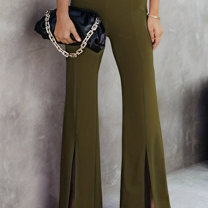 vlovelaw  Split Hem Flare Leg Pants, Elegant High Waist Solid Fashion Comfy Spring Fall Work Pants, Women's Clothing