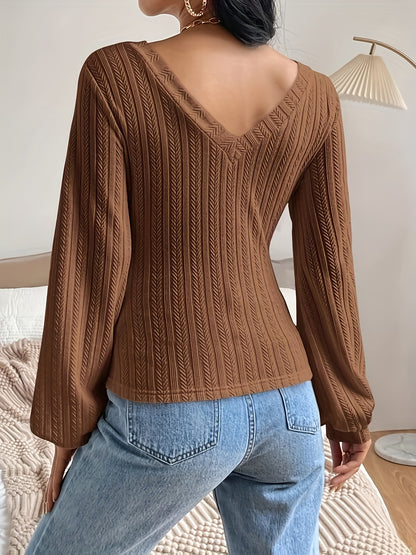 vlovelaw  Solid Bishop Sleeve T-Shirt, Casual V-neck T-Shirt For Spring & Fall, Women's Clothing