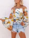 vlovelaw Women's T-shirt Women Floral Print Smocked Cuff Flare Sleeve Shirt