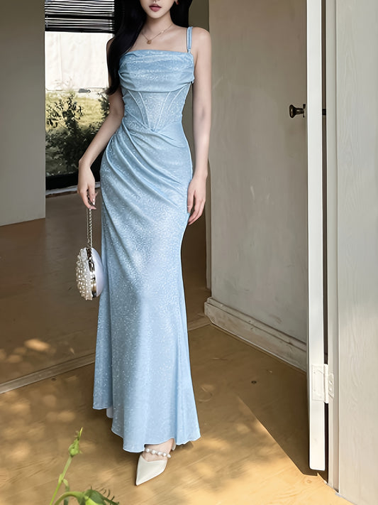 vlovelaw Ruched Spaghetti Strap Dress, Elegant Sleeveless Cami Dress For Party & Banquet, Women's Clothing