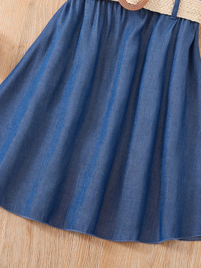 Girls Adorable Imitation Denim Frilled Sleeveless Dress - Chic Casual Style with Adjustable Belt for Trendy Little Fashionistas