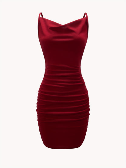 vlovelaw  Solid Cowl Neck Mini Dress, Ruched Side Body Con Cami Dress , Women's Clothings