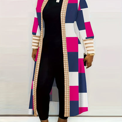vlovelaw Plus Size Colorblock Longline Coat, Women's Plus Slight Stretch Casual Trench Coat