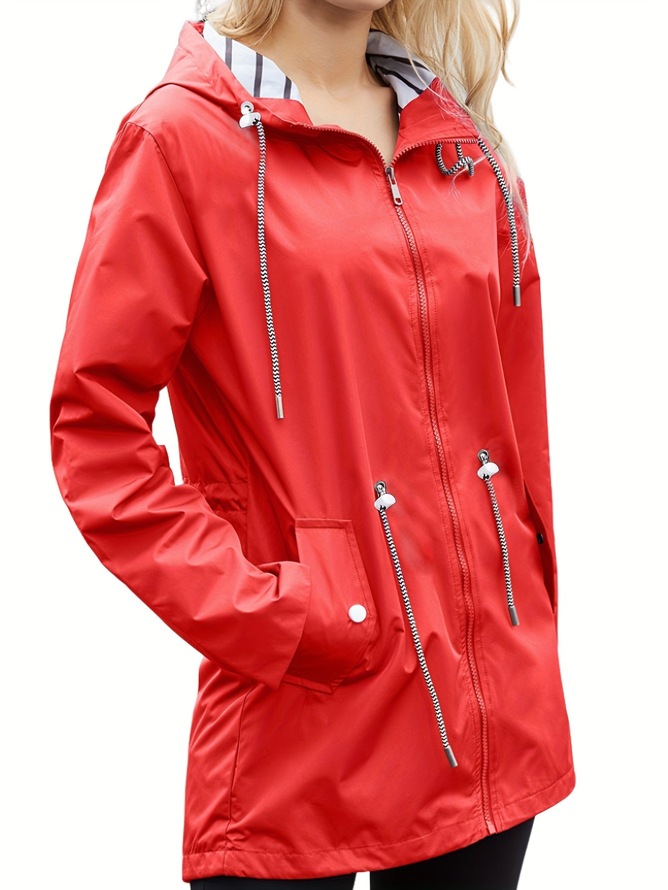vlovelaw  Lightweight Waterproof Raincoats, Outdoor Hooded Windbreaker, Zip Up Drawstring Rain Jackets With Pockets, Women's Clothing