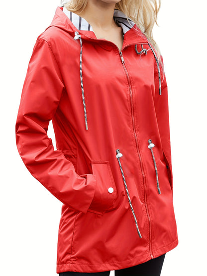 vlovelaw  Lightweight Waterproof Raincoats, Outdoor Hooded Windbreaker, Zip Up Drawstring Rain Jackets With Pockets, Women's Clothing
