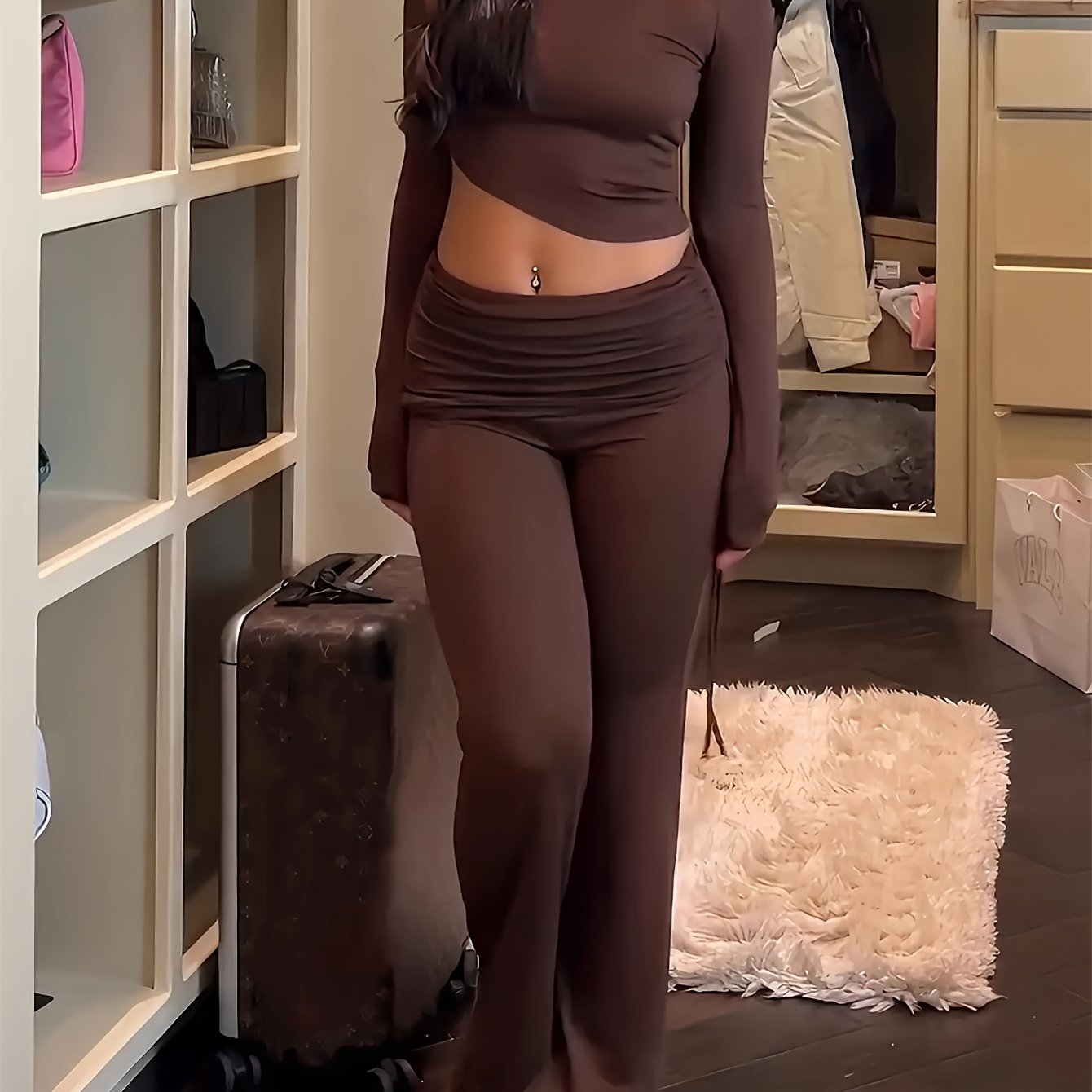 vlovelaw  Casual Solid Two-piece Set, Long Sleeve Asymmetrical Top & Straight Leg Pants Outfits, Women's Clothing