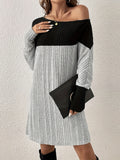 Color Block Slanted Shoulder Dress, Casual Long Sleeve Above Knee Dress, Women's Clothing