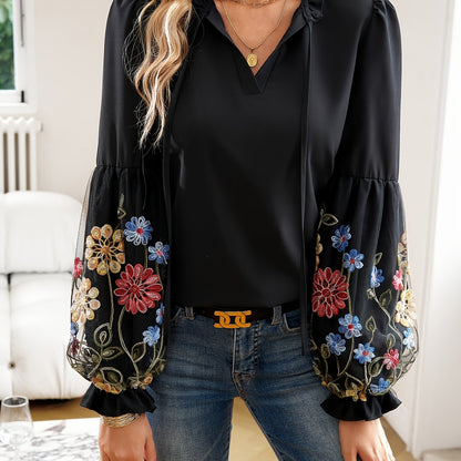 vlovelaw Floral Pattern Tie Neck Blouse, Casual Long Sleeve Blouse For Spring & Fall, Women's Clothing