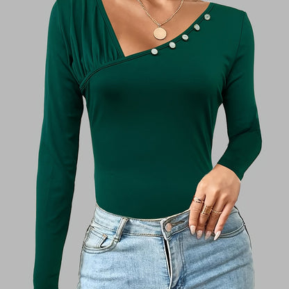 Solid Ruched Button Decor T-Shirt, Casual Long Sleeve Top For Spring & Fall, Women's Clothing