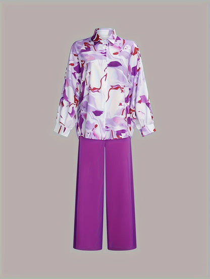 vlovelaw Elegant Two-piece Set, Allover Print Button Front Shirt & Solid High Waist Wide Leg Pants Outfits, Women's Clothing