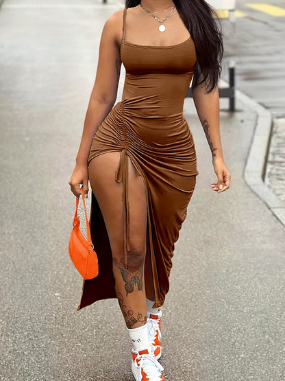 vlovelaw  Drawstring Bodycon Cami Dress, Sexy Split Spaghetti Strap Dress, Women's Clothing