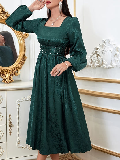 vlovelaw  Square Neck Cinched Waist Dress, Elegant Long Sleeve Dress For Spring & Fall, Women's Clothing