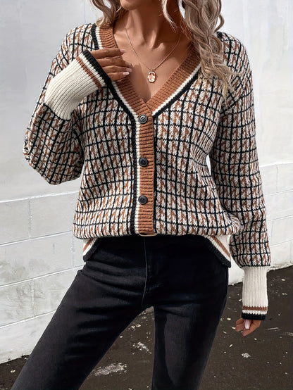 Plaid Pattern Button Knit Cardigan, Vintage V Neck Long Sleeve Sweater, Women's Clothing