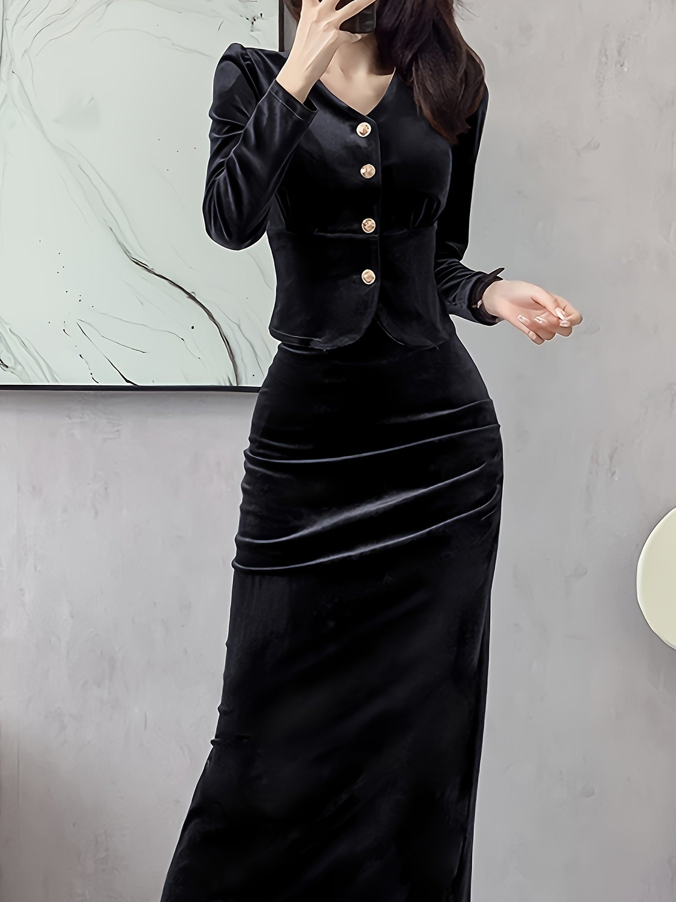 vlovelaw  Solid Bodycon Two-piece Set, Button Front Long Sleeve Tops & High Waist Midi Skirts Outfits, Women's Clothing