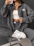 vlovelaw  Waffle Solid Two-piece Set, Button Front Long Sleeve Shirt & Elastic Waist Jogger Pants Outfits, Women's Clothing