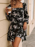 Floral Print Drawstring Square Neck Dress, Casual Long Sleeve Dress For Spring & Summer, Women's Clothing