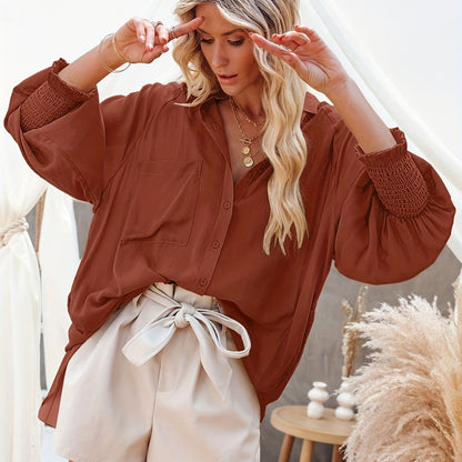 vlovelaw  Button Front Pocket Shirred Shirt, Casual Lantern Sleeve Shirt For Spring & Fall, Women's Clothing