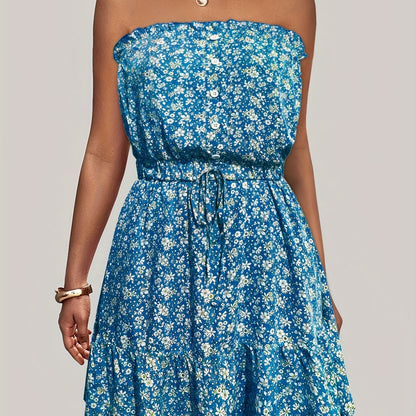 Ditsy Floral Off Shoulder Dress, Sexy Sleeveless Drawstring Summer Dress, Women's Clothing