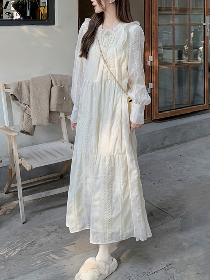 vlovelaw  Solid Ruffle Trim Belted Textured Dress, Elegant Long Sleeve Dress For Spring & Fall, Women's Clothing
