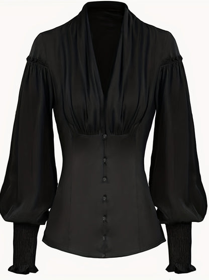 Ruched V Neck Tunic Blouse, Stylish Shirred Lantern Sleeve Victorian Blouse, Women's Clothing