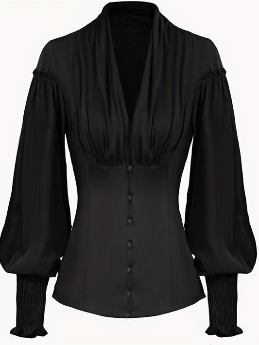 Ruched V Neck Tunic Blouse, Stylish Shirred Lantern Sleeve Victorian Blouse, Women's Clothing