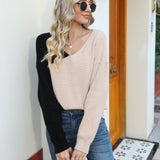 vlovelaw  Two-tone V Neck Pullover Sweater, Casual Long Sleeve Sweater For Spring & Fall, Women's Clothing