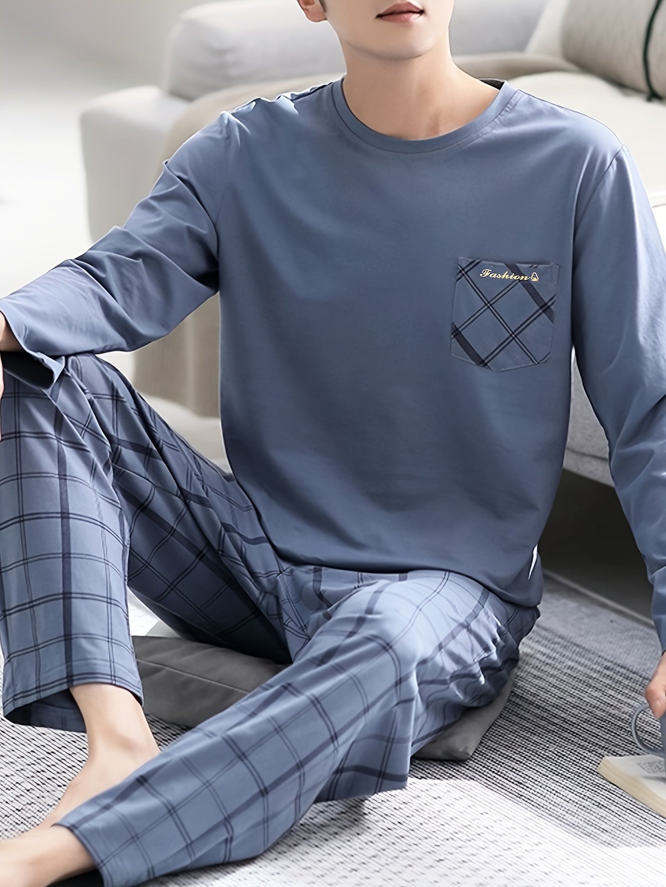 High-end 2 Pcs Men's Classic Letter Plaid Print Pocket Long Sleeve & Plaid Long Pants Pajama Set, Comfortable & Skin-friendly Pajamas For Men's Cozy Loungewear