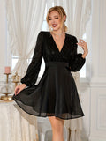 vlovelaw  Contrast Sequin V Neck Dress, Elegant Long Sleeve Party Dress, Women's Clothing