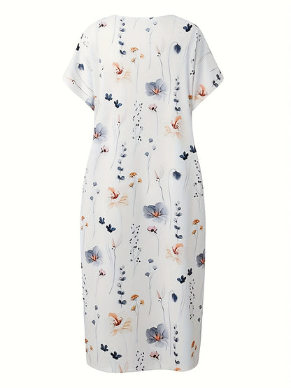 vlovelaw  Floral Print Twist Front Dress, Casual Crew Neck Short Sleeve Dress, Women's Clothing