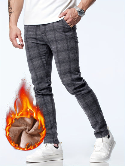 vlovelaw  Men's Casual Warm Thick Slim Fit Pants, Chic Fleece Lined Retro Plaid Pants For Fall Winter