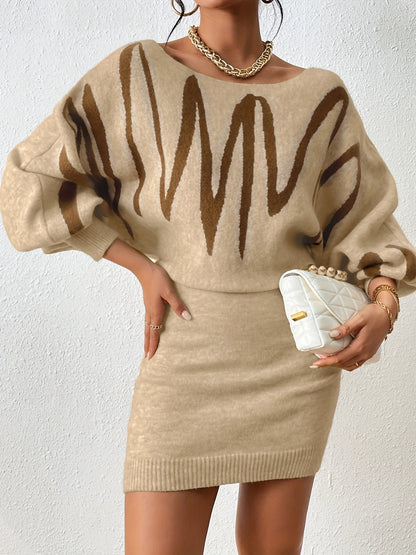 Abstract Print Sweater Dress, Elegant Boat Neck Long Lantern Sleeve Dress, Women's Clothing