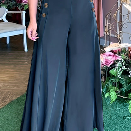 vlovelaw Plus Size Casual Pants, Women's Plus Solid Elastic Button Decor High Rise Loose Fit Wide Leg Trousers